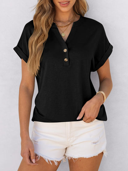 ANRABESS Womens Short Sleeve Henley Tops V Neck Dressy Casual Loose Fit Shirts Summer Flowy Blouses 2025 Trendy Clothes Black XL