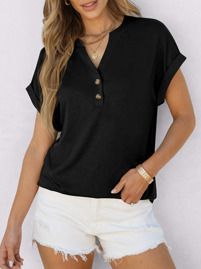 ANRABESS Womens Short Sleeve Henley Tops V Neck Dressy Casual Loose Fit Shirts Summer Flowy Blouses 2025 Trendy Clothes Black XL
