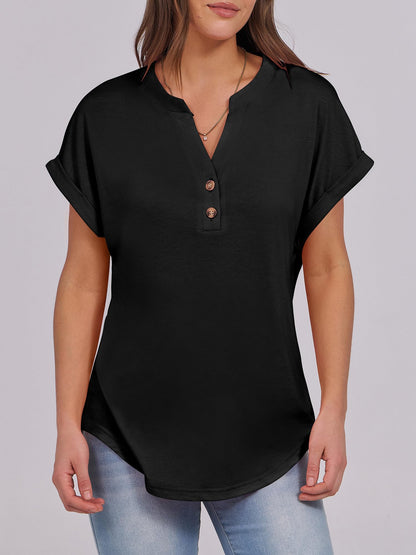 ANRABESS Womens Short Sleeve Henley Tops V Neck Dressy Casual Loose Fit Shirts Summer Flowy Blouses 2025 Trendy Clothes Black XL