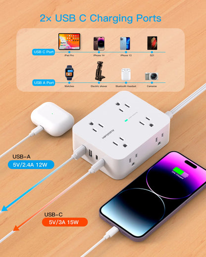 Surge Protector Power Strip, HANYCONY Extension Cord with Multiple Outlets, 5 Ft Ultra Thin Flat Plug 8 Outlets 4 USB Ports(2USB C), 1080J Outlet Extender for Home Office College Dorm Room Essentials