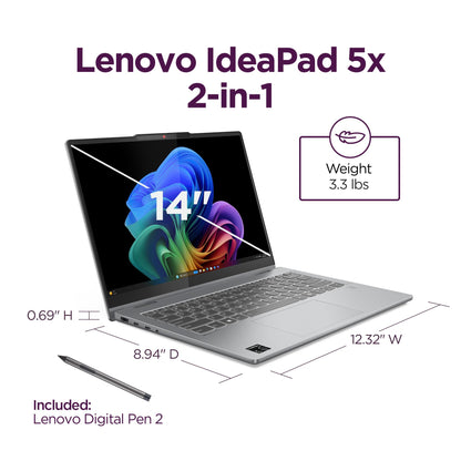 Lenovo IdeaPad 5X 2-in-1 Copilot+ Extra-Long Battery Life 14" WUXGA FHD+ OLED Touch Display 16GB Memory 512GB Storage Snapdragon X Plus 8-core Processor Windows 11 Home, Pen Included, Luna Gray