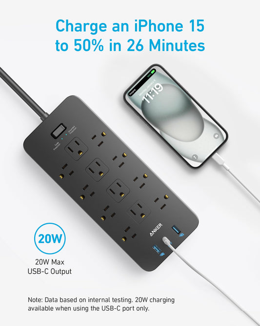 Surge Protector Power Strip (2100J), Anker 12 Outlets with 1 USB C and 2 USB Ports foriPhone 15/15 Plus/15 Pro/15 Pro Max, 5ft Extension Cord, Flat Plug, 20W USB C Charging for Home, Office,TUV Listed