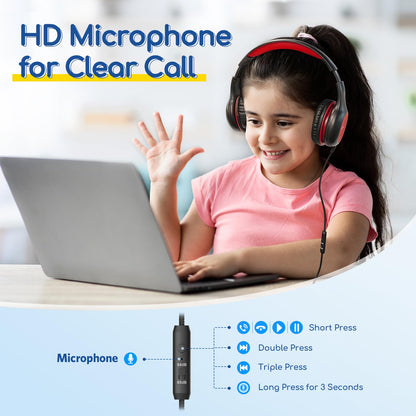 EarFun Kids Headphones Wired with Microphone, 85/94dB Volume Limit Headphones for Kids, Portable Wired Headphone with Shareport, Stereo Sound Foldable Headset for School/Tablet/iPad/Kindle, Black Red