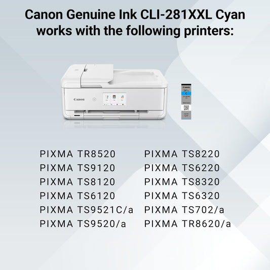 Canon CLI-281 XXL Genuine Cyan Ink Tank, Compatible with TR8520, TS9120,TS8120, TS6120, TS9521C/a, TS9520/a, TS8220, TS6220, TS8320, TS6320, TS702/a, and TR8620/a Series Printers
