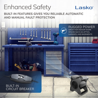 Lasko Portable Utility Fan, 12” 289 CFM Pivoting High Velocity Air Mover Blower Fan, 3 Speeds, 2 Accessory Outlets 120V, Black, U12104