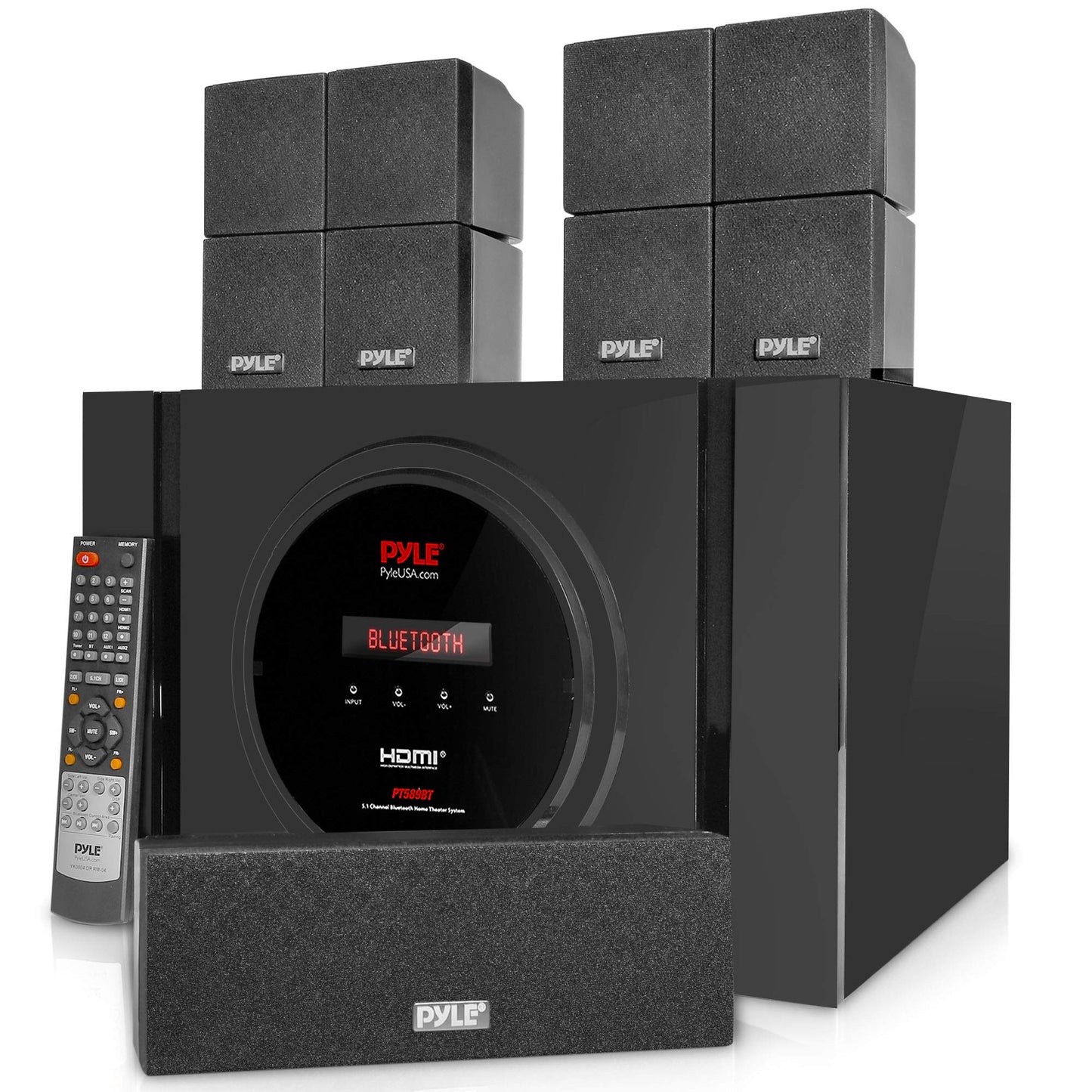 Pyle 5.1 Channel Home Theater Speaker System - 300W Bluetooth Surround Sound Audio Stereo Power Receiver Box Set w/ Built-in Subwoofer, 5 Speakers, Remote, FM Radio, RCA - PT589BT,Black