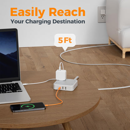 Surge Protector Flat Extension Cord 5Ft, TESSAN Flat Plug Power Strip with 4 Outlets 3 USB Ports (1 USB C), 900 Joules Protection, Multiple Wall Outlet Extender Suitable for Home Office Dorm, Grey