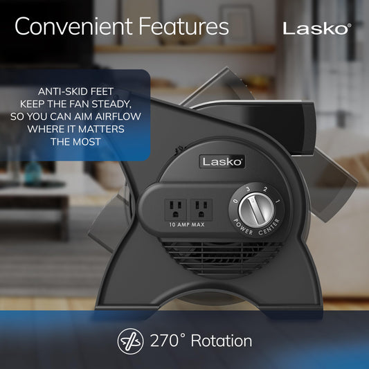 Lasko Portable Utility Fan, 12” 289 CFM Pivoting High Velocity Air Mover Blower Fan, 3 Speeds, 2 Accessory Outlets 120V, Black, U12104