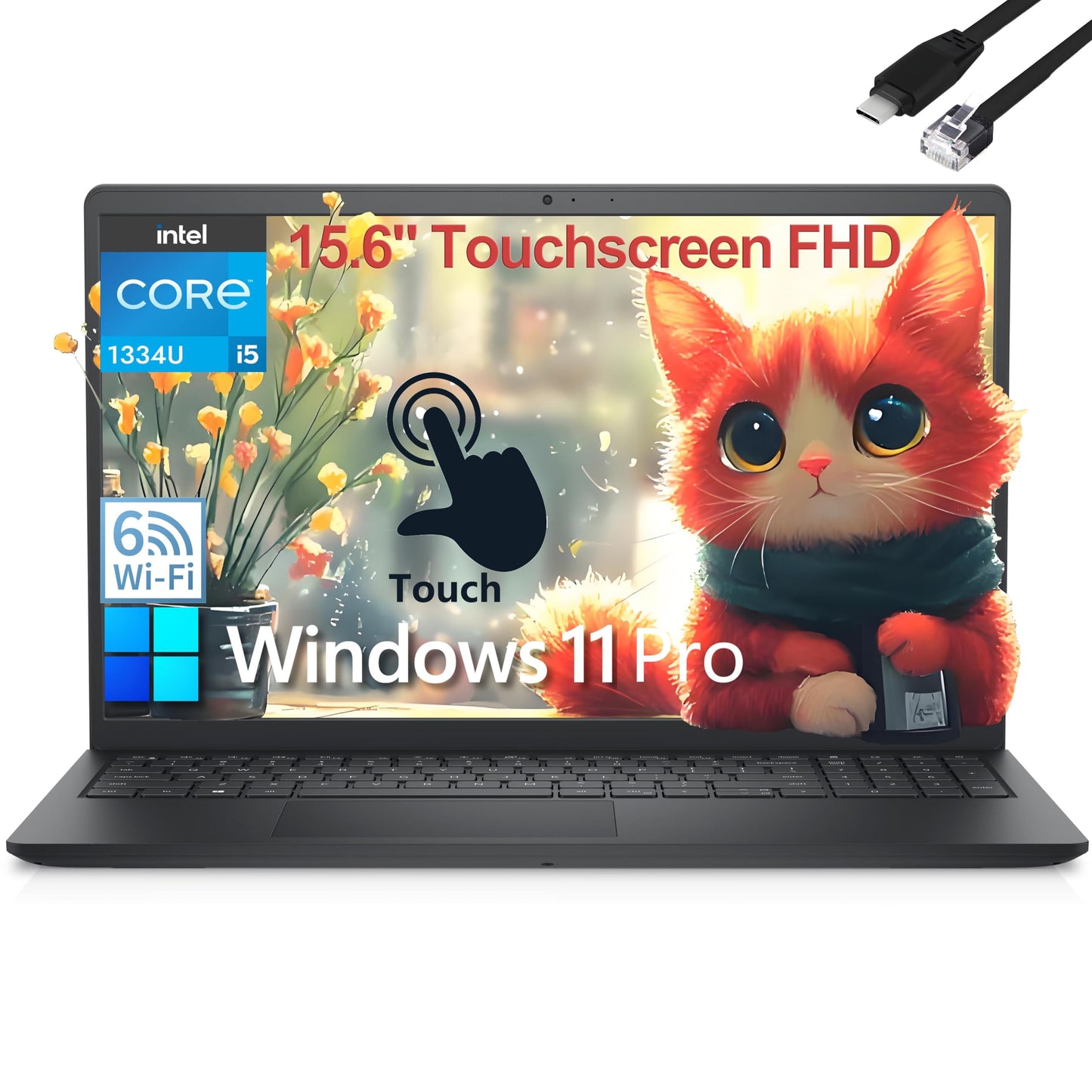 Dell Touchscreen Laptop Computer, Inspiron 15 for College Home Study and Business, Intel i5-1334U (Beat i7-1250U), 15.6" FHD, WiFi 6, Windows 11 Pro S, Type C to RJ45 Cable (32GB RAM, 1TB PCIe SSD)