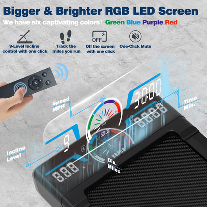 TRAILVIBER Walking Pad Treadmill with 12% 9-Level Auto Incline, 450 lbs Capacity RGB LED Screen, Bluetooth Speaker Under Desk Treadmill, Compact Treadmills for Home Hiking