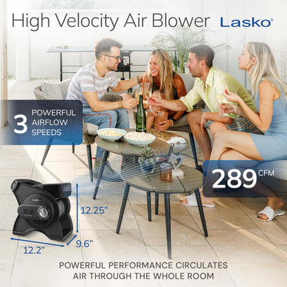 Lasko Portable Utility Fan, 12” 289 CFM Pivoting High Velocity Air Mover Blower Fan, 3 Speeds, 2 Accessory Outlets 120V, Black, U12104