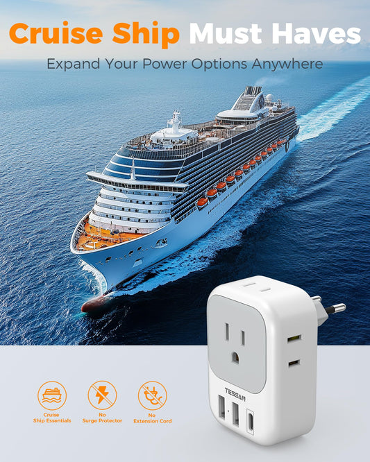 2 Pack European Plug Adapter USB C, TESSAN US to Europe Adapter 4 Outlets 3 USB Charger, Type C International Power Adaptor to Italy Spain France Portugal Iceland Germany, Europe Travel Essentials
